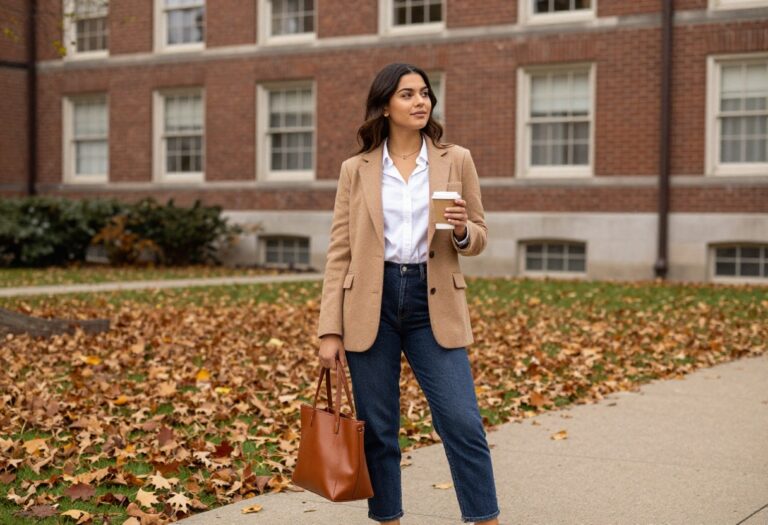 College student wearing an old money outfit with a camel blazer, white shirt, and jeans on campus