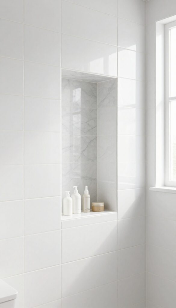 Bright shower with large white tiles and a built-in niche lined with subtle gray marble mosaic tile, softly lit by natural daylight.