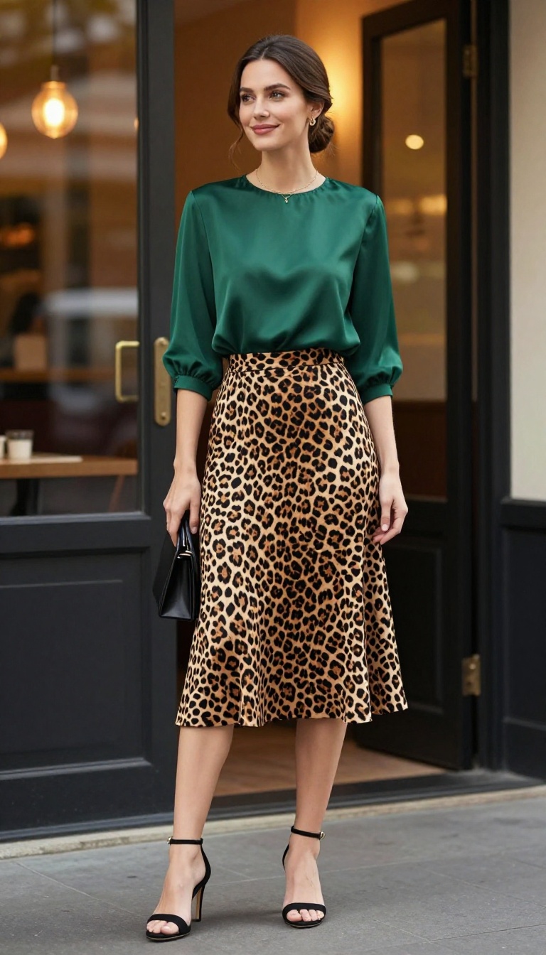 12. Leopard Skirt with a Silk Blouse and Heels for a Dressy Event