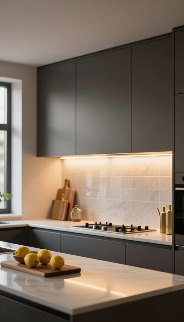 Modern luxury kitchen with warm under-cabinet lighting glowing over a marble countertop and tile backsplash