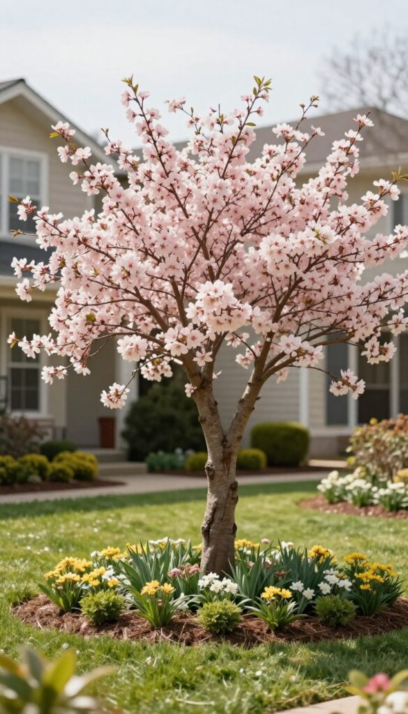 A blossoming ornamental tree standing as the focal point of a tidy front yard with low flowers and shrubs around its base