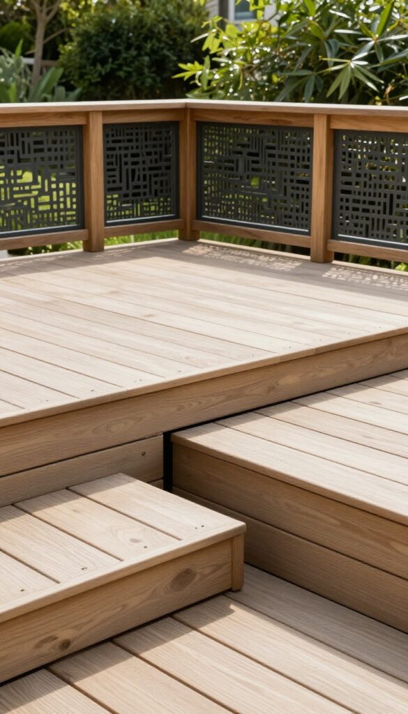 Decorative laser-cut screen panels used as deck skirting around a raised deck in a bright backyard patio