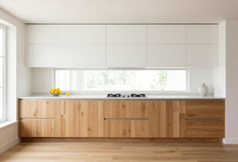 Bright modern galley kitchen with white upper cabinets, warm wood lower cabinets, and natural light