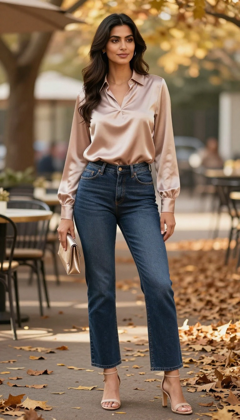 12. Dressy Denim with a Satin Blouse and Strappy Heels