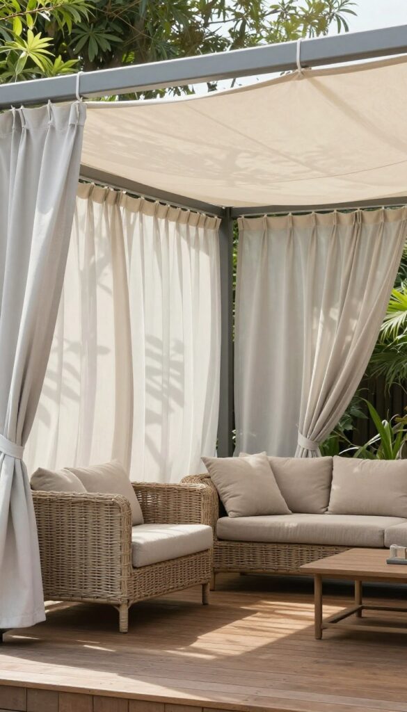 Soft ivory outdoor curtains hanging from a simple overhead frame on a wooden deck, creating gentle shade over woven furniture with neutral cushions in a bright garden setting.