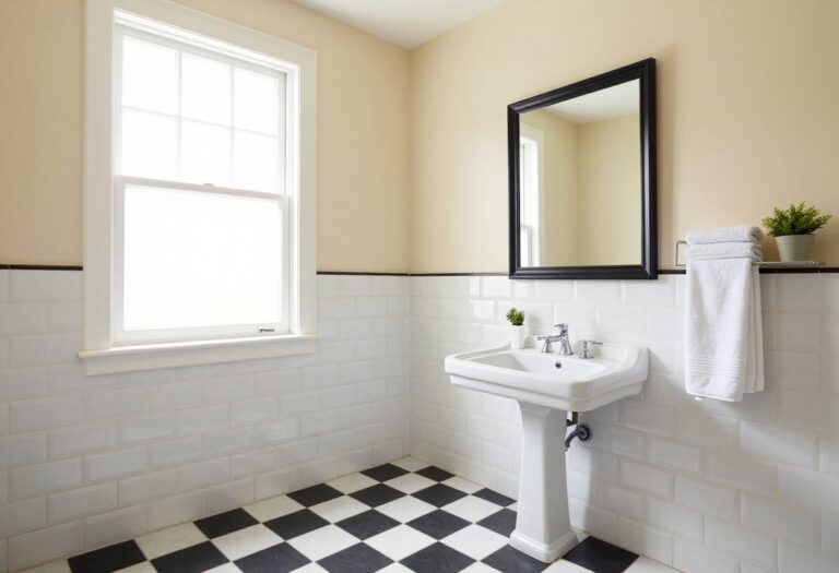 Bright retro bathroom with black-and-white checkerboard tile floor, white subway tile walls, vintage pedestal sink, and black-framed mirror in natural light