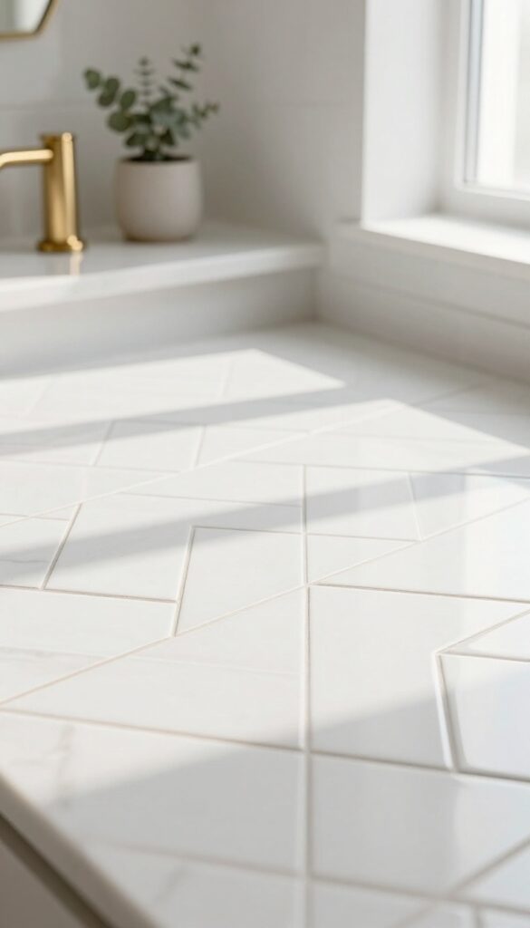 Bright bathroom wall with white rectangular tiles laid in a herringbone pattern, styled with a small plant and brass fixtures in soft natural light