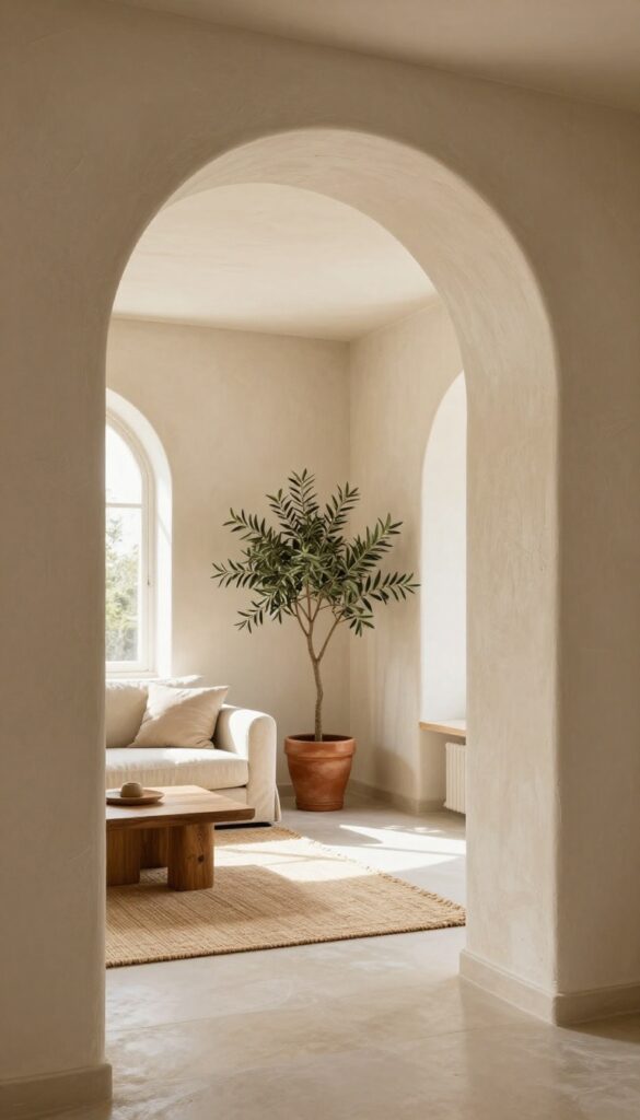 Living room archway with textured plaster finish in warm creamy beige, bathed in bright natural light, leading to a cozy living space with a linen sofa and olive tree.