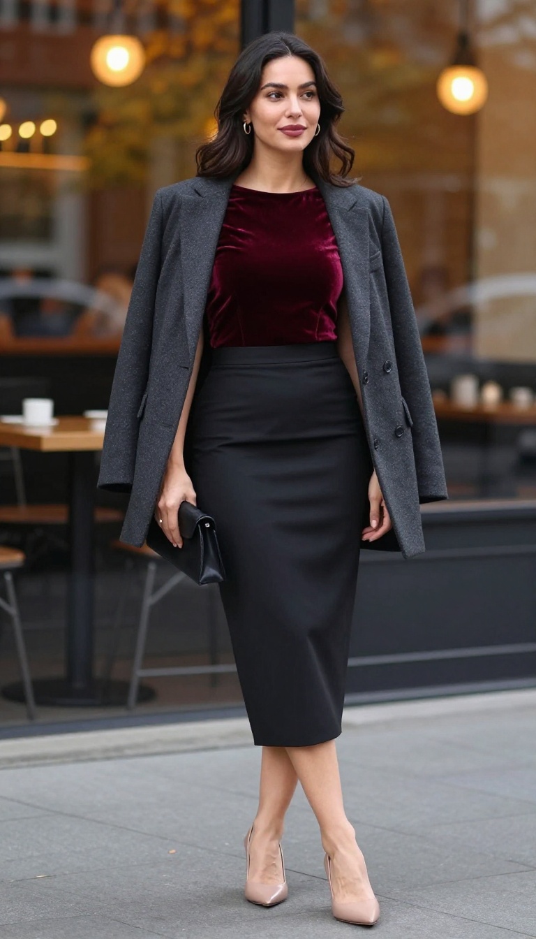 4. Velvet Corset + Pencil Skirt + Longline Blazer