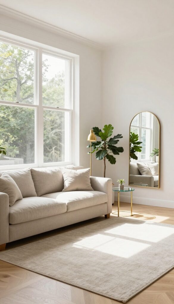 Bright airy living room with a large round arched mirror leaning against a white wall opposite a sunlit window, reflecting light across a light sofa, brass accents, and green plants
