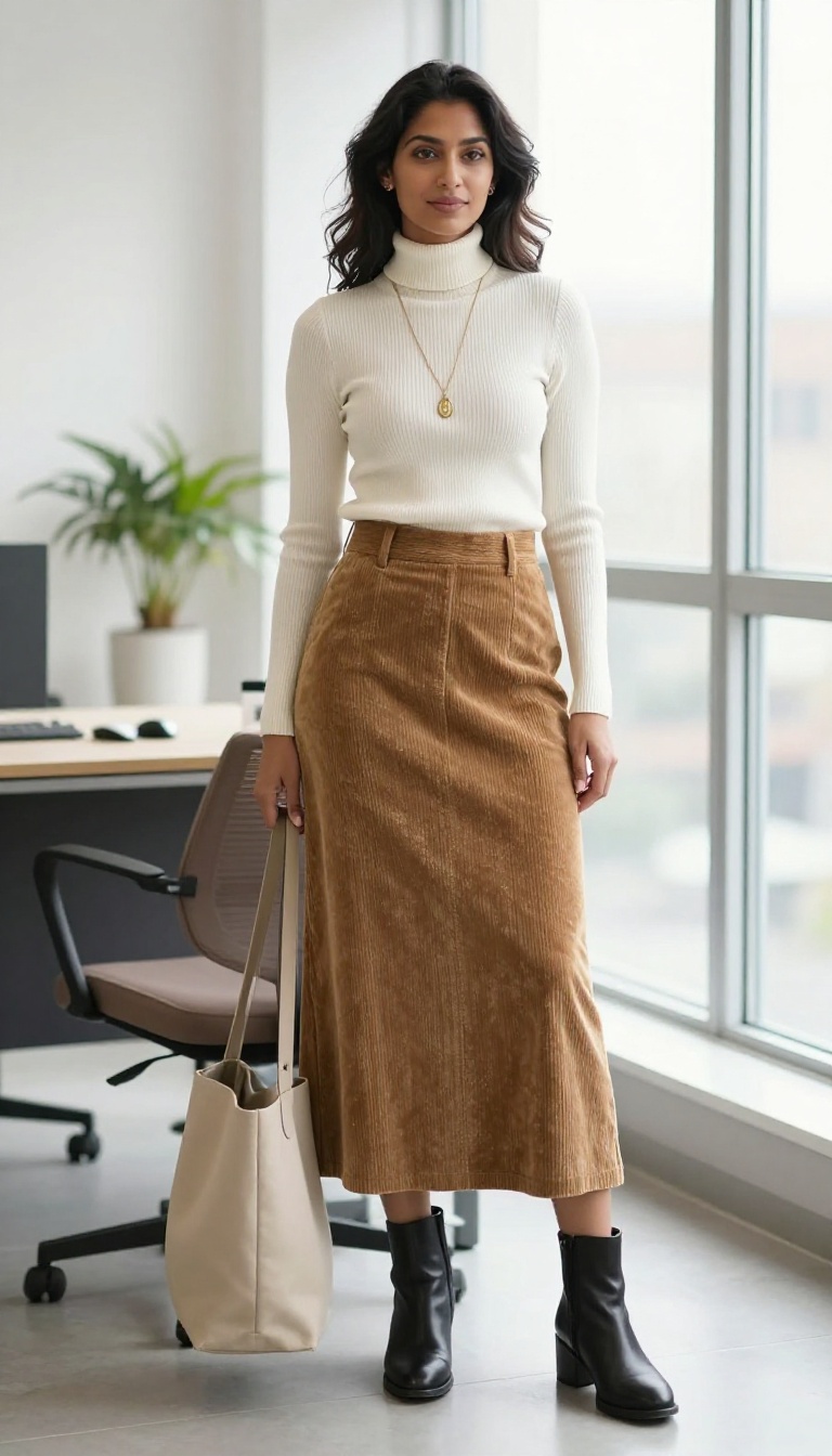 11. Corduroy Skirt with a Turtleneck and Boots