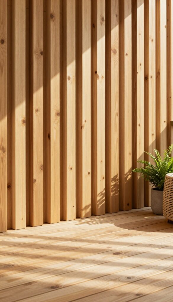 Modern backyard deck with a vertical wooden slat privacy wall, warm sunlight filtering through the evenly spaced natural wood slats, potted plants and an outdoor chair nearby