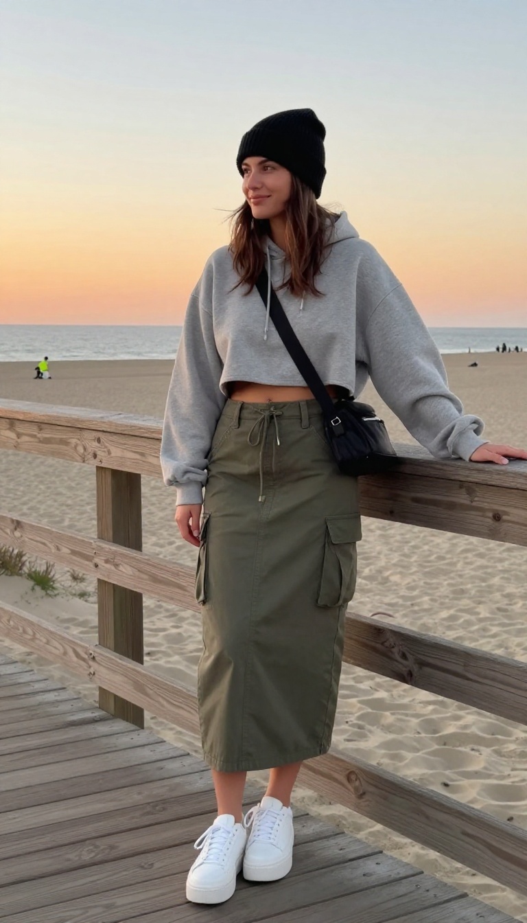 12. Cargo Skirt + Cropped Hoodie + Beanie