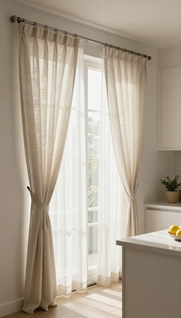 Bright kitchen with long light linen curtains hung high above a window, making the window look taller in natural daylight