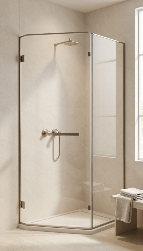 Modern walk-in shower with a neutral beige and off-white palette, layered matte stone tiles, a textured accent wall, and soft natural light for a clean, luxe feel.