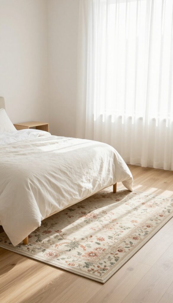 Bright bedroom with a large muted floral area rug under a neatly made bed, warm natural light, and clean Pinterest-friendly styling.