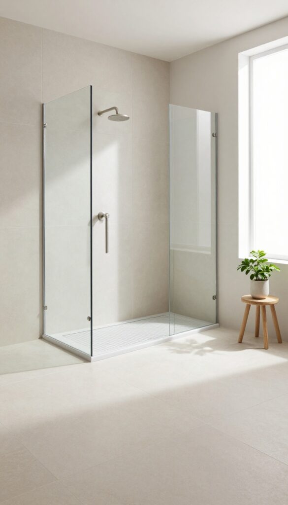 Bright modern walk-in shower with long rectangular tiles flowing toward a discreet linear drain along the back wall, frameless glass, and natural light.