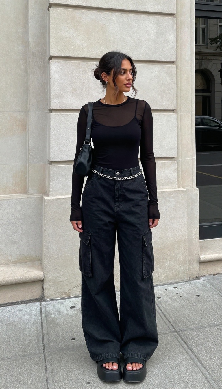 8. Utility Chic: Cargo Skirt + Mesh Top + Platform Sandals