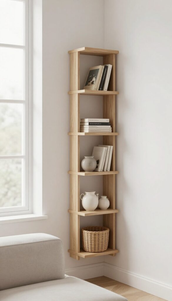 Tall narrow vertical wall shelf beside a bright window in a small living room, styled with books and woven baskets in natural daylight