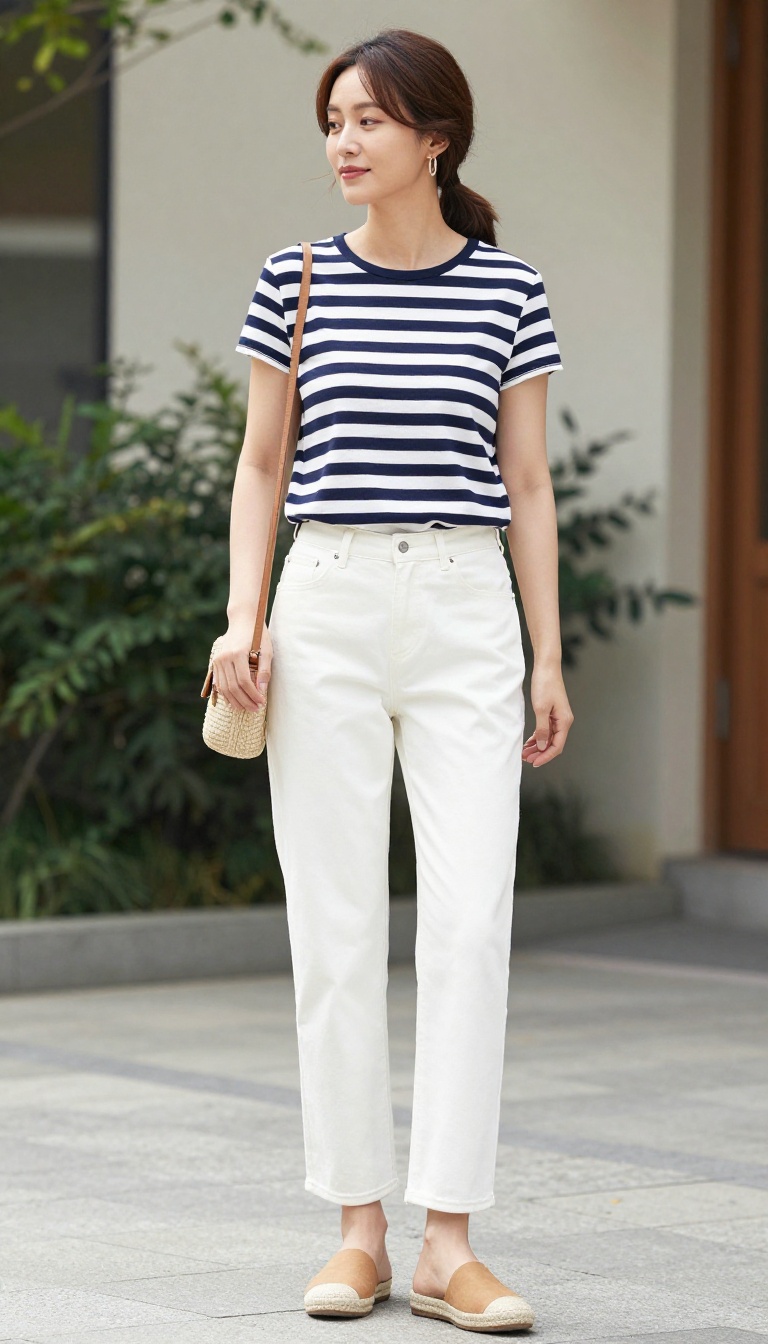 6. White Jeans with a Striped Breton Top and Espadrilles