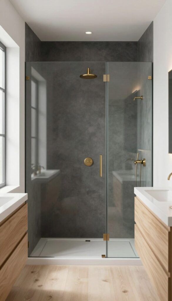 Modern bathroom with matte charcoal shower wall panels contrasted by white walls, pale flooring, a glass shower door, and warm brass fixtures in bright natural light.
