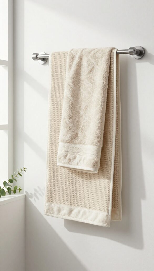 Layered neutral waffle and cotton hand towels hanging on a bathroom towel bar in bright natural light