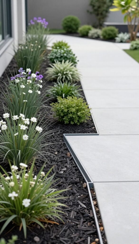 Modern minimalist front yard flower bed with clean straight metal edging, uniform mulch, ornamental grasses, and a restrained green, white, and soft purple plant palette in front of a contemporary home.