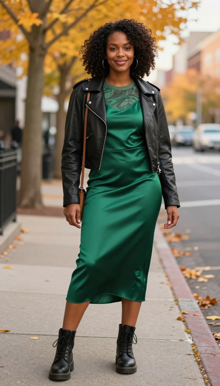 7. Slip Skirt with a Graphic Tee and Leather Jacket