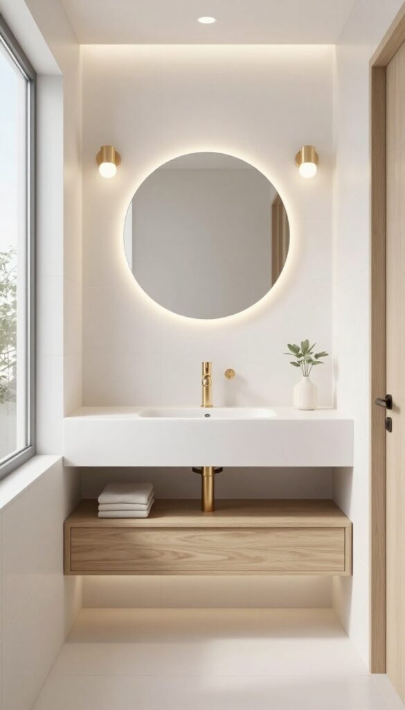 Small bathroom with layered lighting, including warm wall sconces beside a mirror and LED strips under a floating vanity, creating an even, spacious feel.