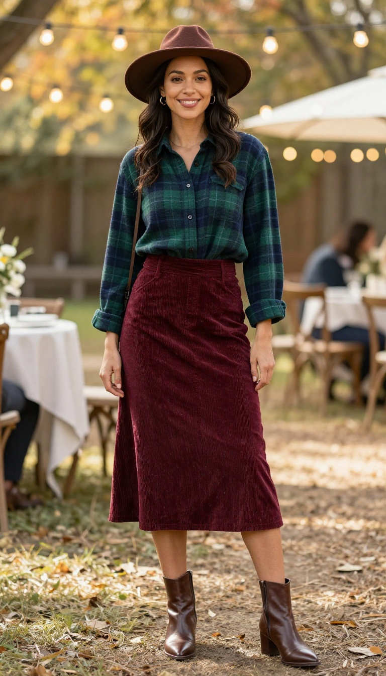 7. Corduroy Skirt with a Flannel Shirt and Ankle Boots