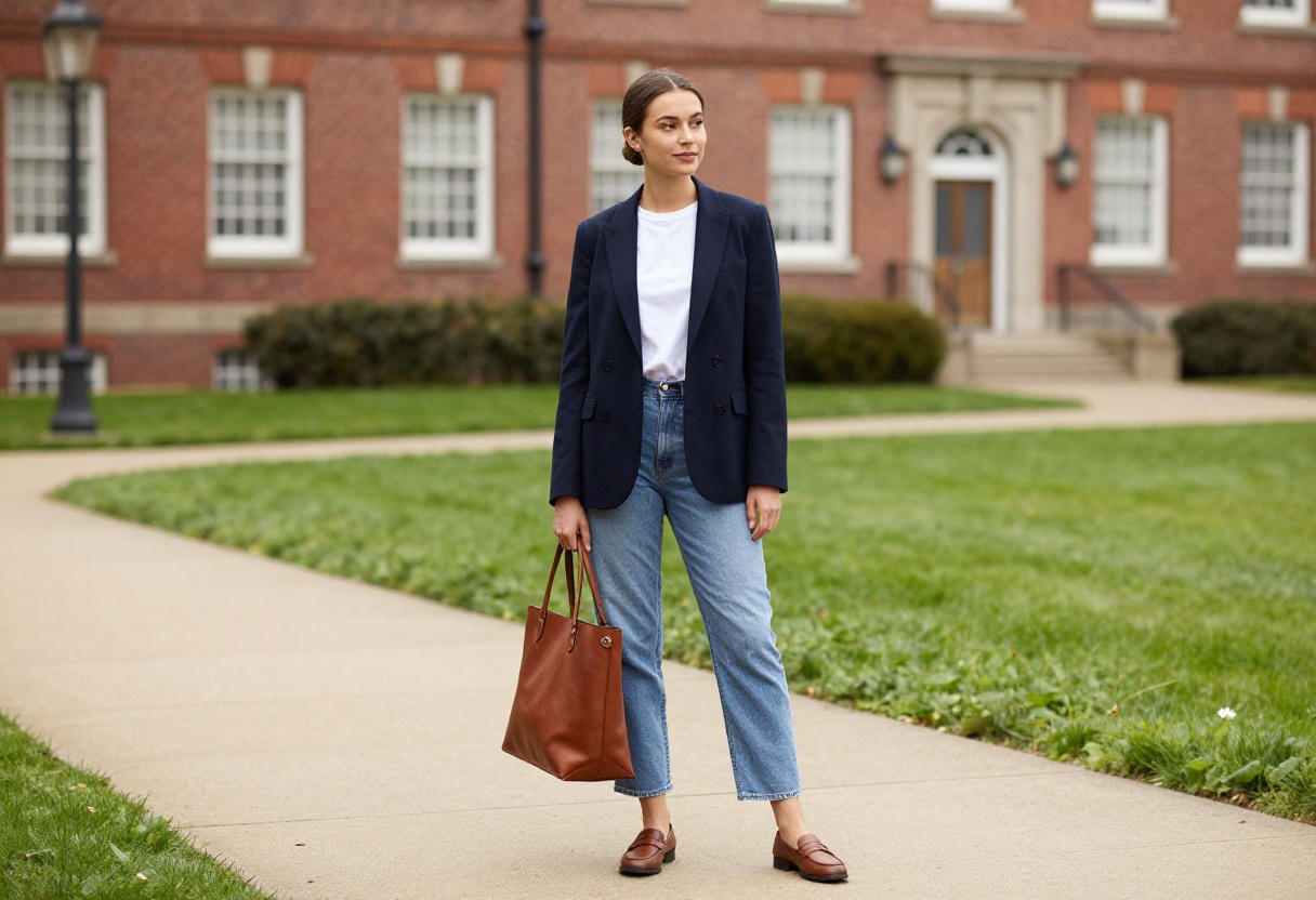 Young woman in old money outfit on a university campus