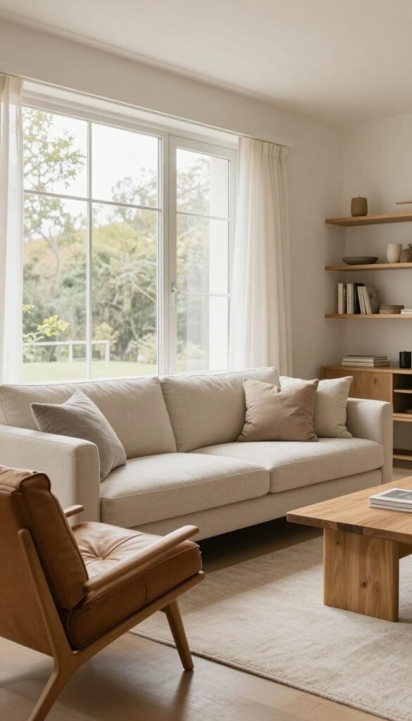 Bright living room sitting area with a structured sofa mixed with softer leather and fabric accent chairs and a wooden bench, styled in a cohesive neutral palette for a relaxed, inviting feel.