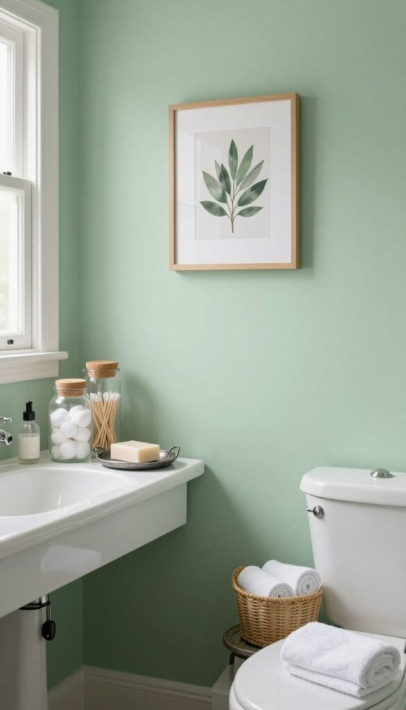 Bright retro bathroom with a few curated vintage accessories, including clear glass apothecary jars, a woven basket of rolled towels, and a small metal tray on a clean countertop.