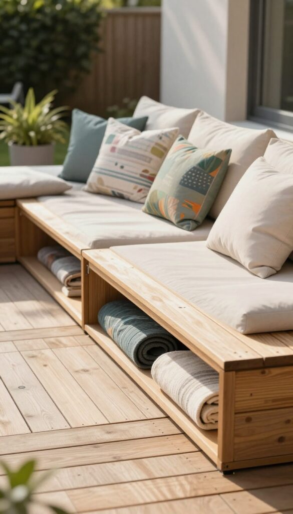 Bright backyard wooden deck featuring low-profile built-in bench seating with hidden storage and neutral outdoor cushions