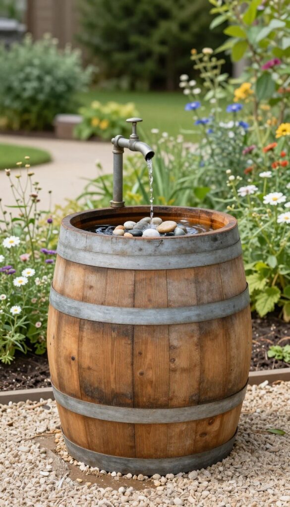 Rustic wooden barrel fountain with a simple pump and bubbling water in a bright farmhouse front yard surrounded by wildflowers and gravel paths
