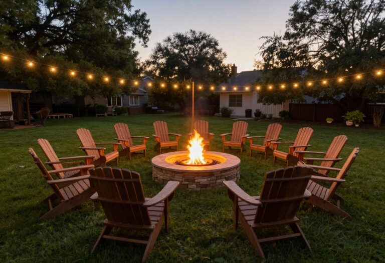 Cozy backyard with a built-in stone fire pit and circular seating area at dusk