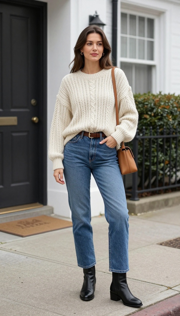 1. Chunky Cable-Knit Sweater with Straight-Leg Jeans