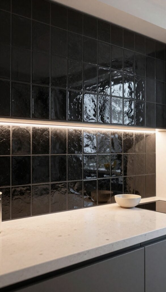 Glossy black textured zellige tile kitchen backsplash with dark grout, lit by warm under-cabinet lighting above a light neutral quartz countertop in a bright modern kitchen
