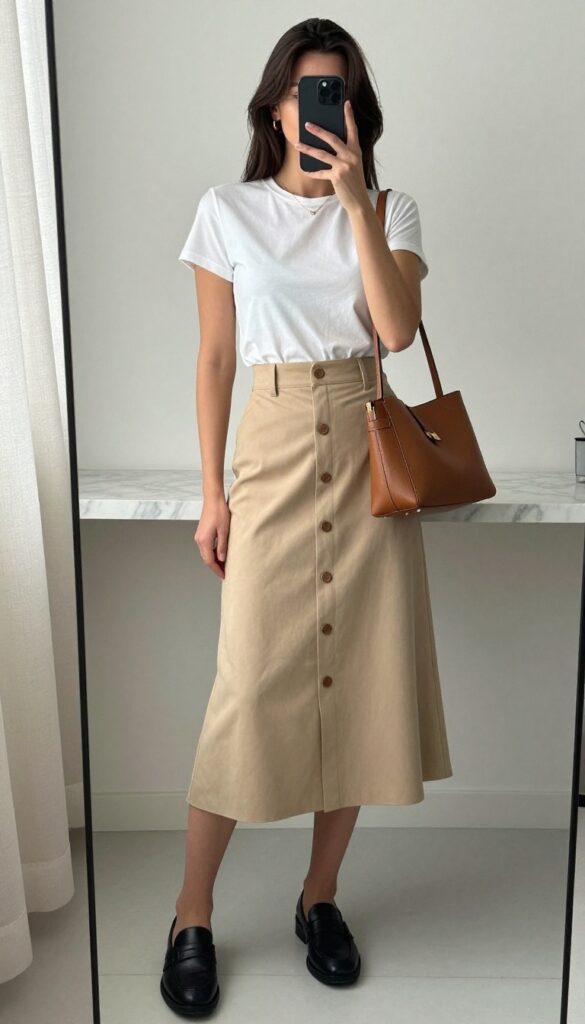 Woman in a camel button-front midi skirt and white tee, posing in a mirror selfie, wearing loafers and carrying a tan handbag, in a bright café setting.