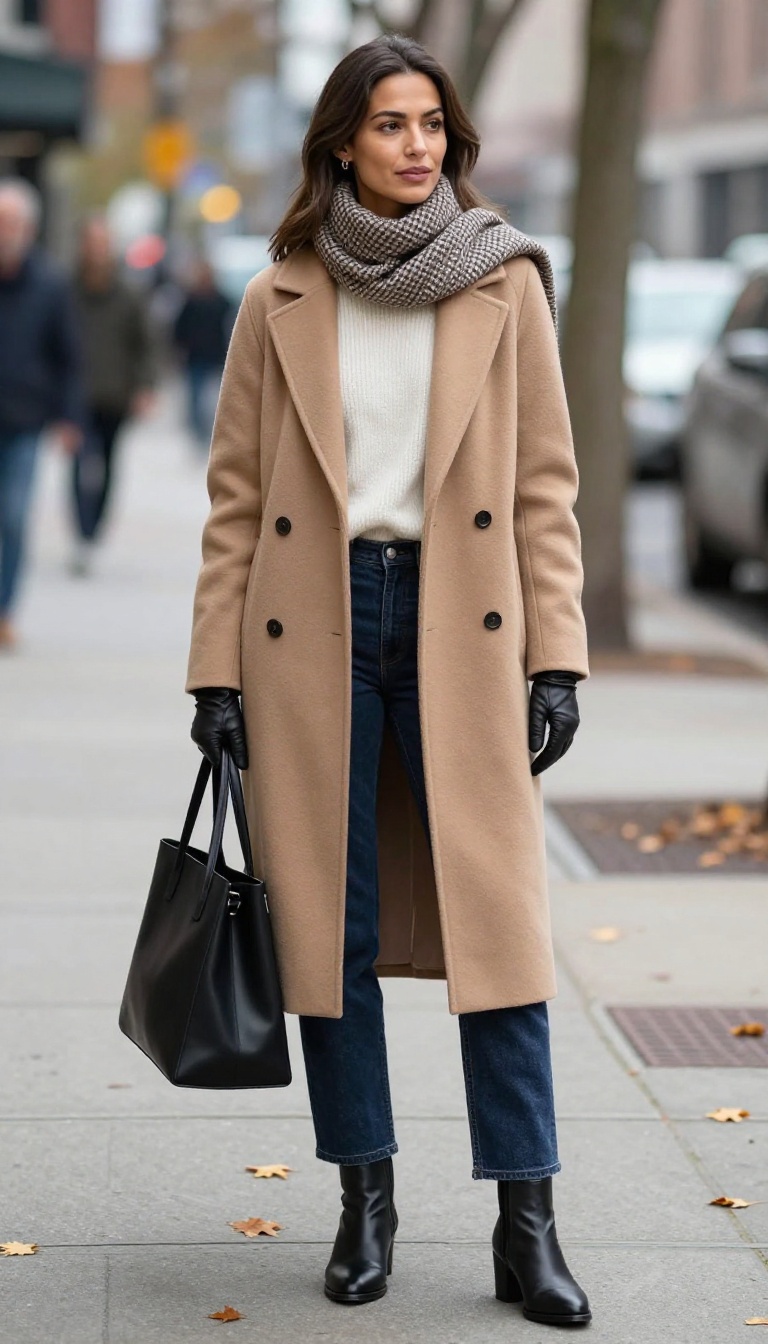 15. Straight Jeans with a Tailored Coat and Scarf