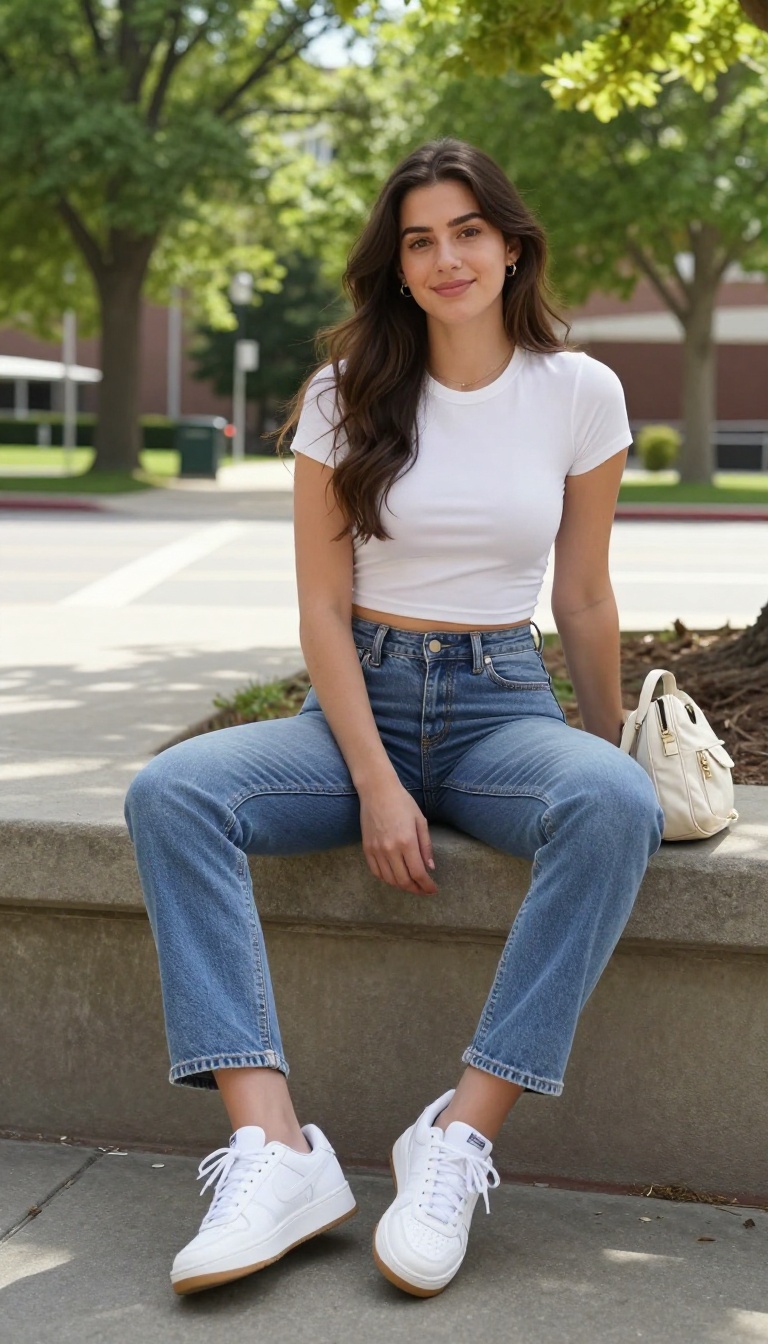 1. Low-Rise Jeans and a Fitted Baby Tee
