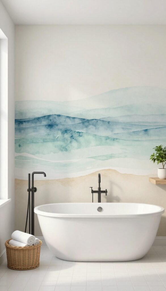 Bright spa-like bathroom with a soft blue coastal watercolor mural behind a white bathtub, light wood shelves, woven baskets, rolled towels, and a small plant in natural light.
