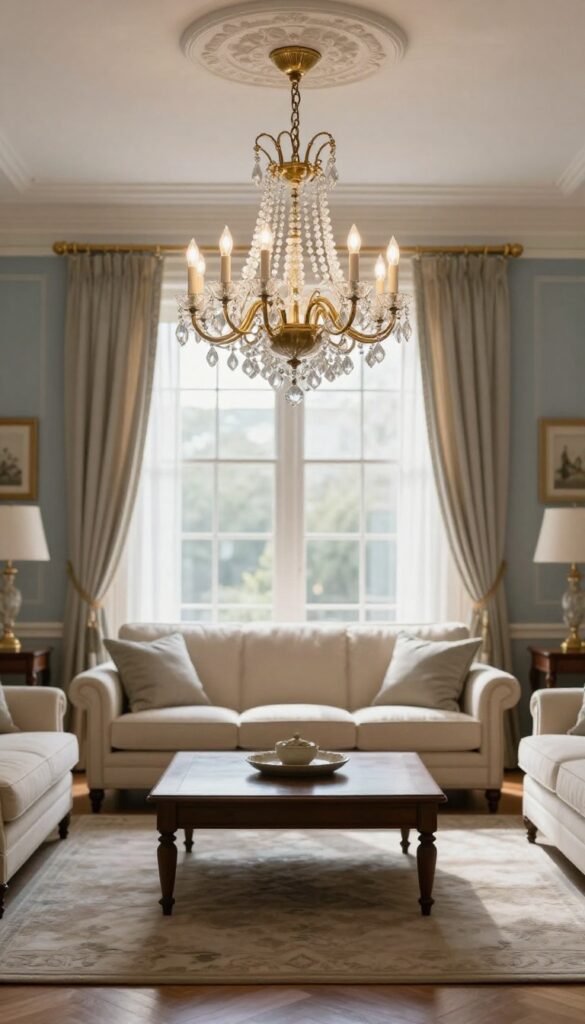 Elegant formal living room with a classic crystal chandelier as the focal point, warm light, and bright natural daylight