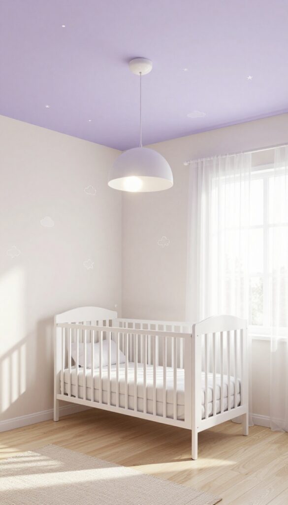 Bright baby girl nursery with a pale lavender statement ceiling decorated with delicate cloud and star decals, a white crib, and soft natural light.