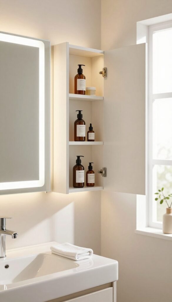 Modern bathroom mirror cabinet with built-in LED lighting glowing softly over a clean vanity, shelves stocked with grooming products, bright natural light filling the space