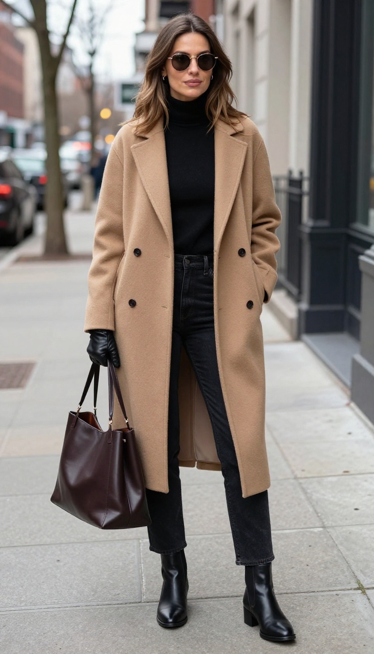 2. Tailored Wool Coat and Black Straight-Leg Jeans