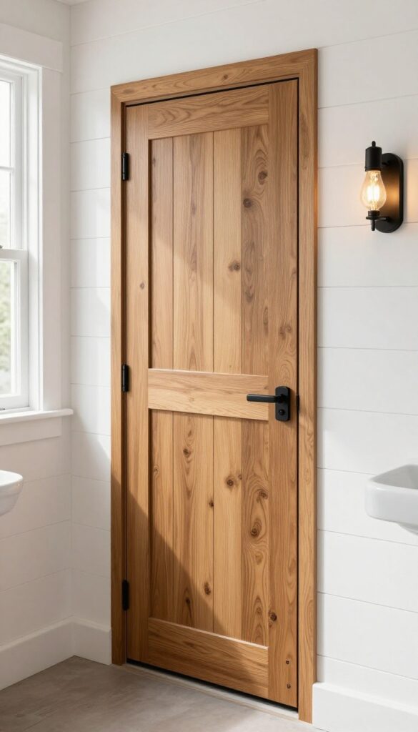 Rustic bathroom with a warm wood plank pocket door sliding into the wall, black fixtures, shiplap walls, and bright natural light