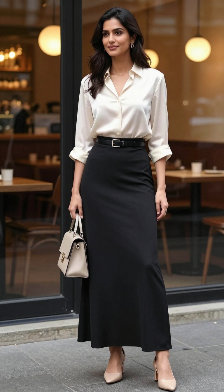 3. Long Black Skirt with a Silk Blouse and Heeled Mules