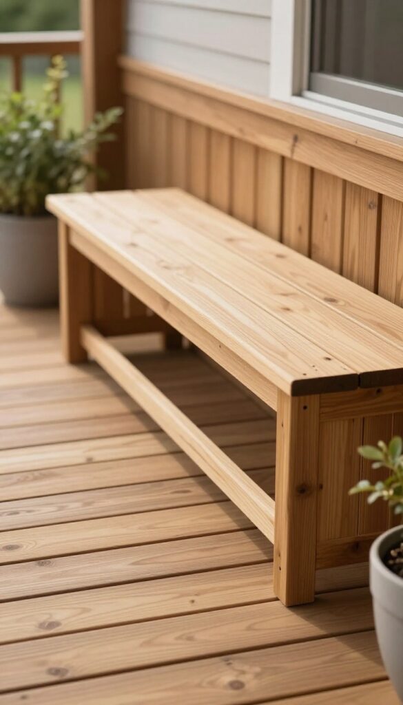 Layered wood front entrance deck with built-in perimeter bench seating in bright natural light