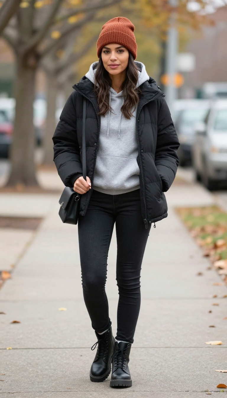 11. Black Jeans and a Puffer Jacket for Cold Fall Mornings